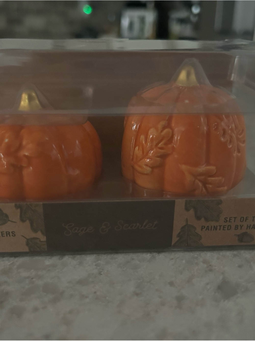“New” Sage & Scarlet Orange Ceramic Pumpkin Salt & Pepper Set